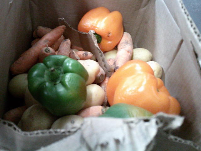 Beat up box full of produce.